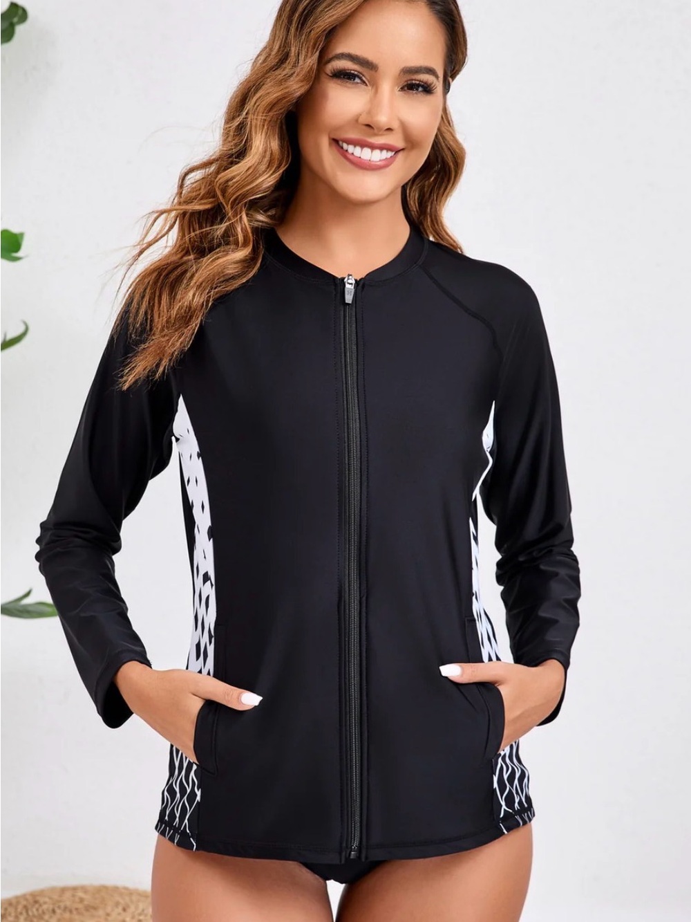 Black Zip-Front Women's Swim Jacket Coverup with White Side Panels